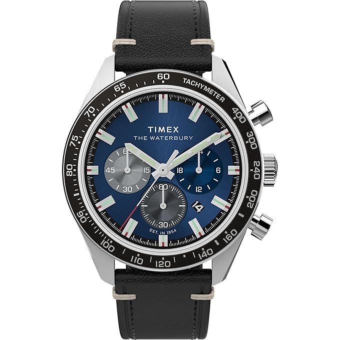 TIMEX Waterbury Traditional Analog Blue Round Dial & Black Leather Strap Band Water Resistant Men's Wrist Watch - TW2Y18600IK