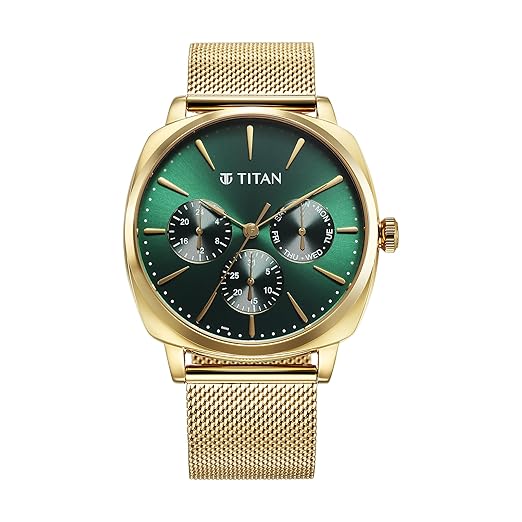 Titan Classique Suave Quartz Multifunction Green Dial Gold Stainless Steel Strap Watch for Men - NT90189YM01