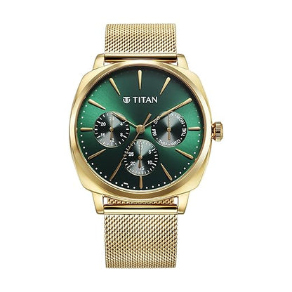 Titan Classique Suave Quartz Multifunction Green Dial Gold Stainless Steel Strap Watch for Men - NT90189YM01