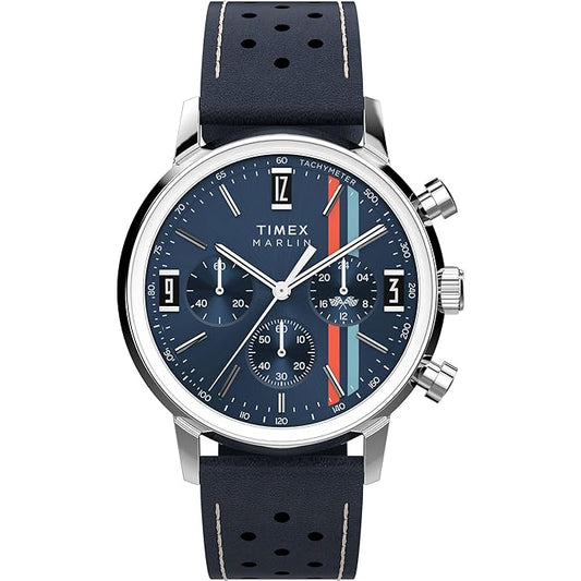 TIMEX Marlin Analog Blue Round Dial & Blue Leather Strap Band Water Resistant Men's Wrist Watch - TW2W99000IK