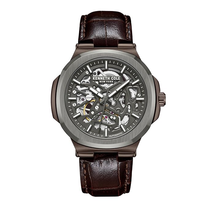 Kenneth Cole Automatic Grey Dial Brown Leather Strap Watch for Men - KCWGX0046203MN