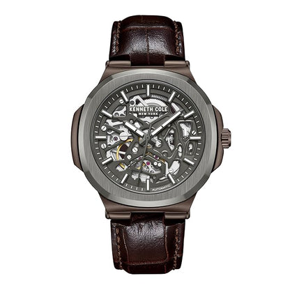 Kenneth Cole Automatic Grey Dial Brown Leather Strap Watch for Men - KCWGX0046203MN