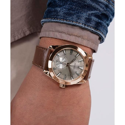 GUESS Grayson Analog Watch for Man with Grey Round Dial & Brown Leather Strap Band Water Resistant Men's Wrist Watches - GW0793G3