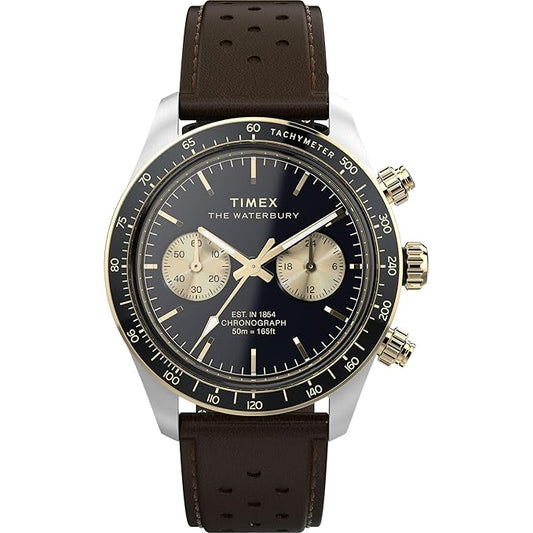 TIMEX Waterbury Heritage Analog Black Round Dial & Brown Leather Strap Band Water Resistant Men's Wrist Watch - TW2Y24100IK