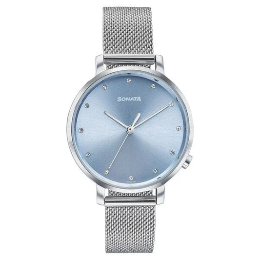 Sonata Elegent Essentials Quartz Analog Blue Dial Stainless Steel Strap Watch For Women