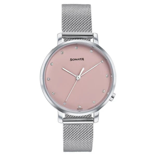 Sonata Elegent Essentials Quartz Analog Pink Dial Stainless Steel Strap Watch For Women