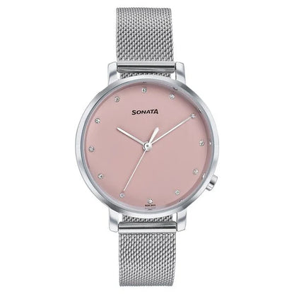 Sonata Elegent Essentials Quartz Analog Pink Dial Stainless Steel Strap Watch For Women