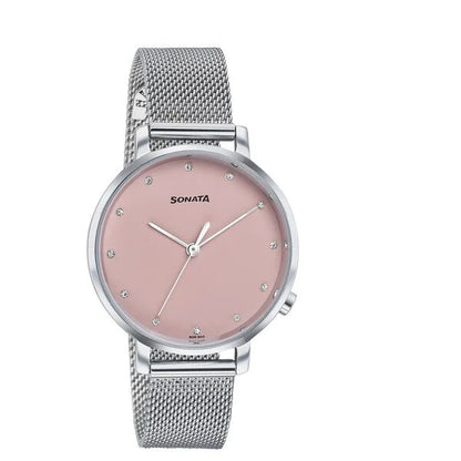 Sonata Elegent Essentials Quartz Analog Pink Dial Stainless Steel Strap Watch For Women