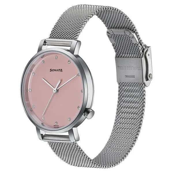 Sonata Elegent Essentials Quartz Analog Pink Dial Stainless Steel Strap Watch For Women