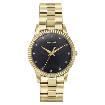 Sonata Glam Gold Quartz Analog Black Dial Stainless Steel Strap Watch For Women