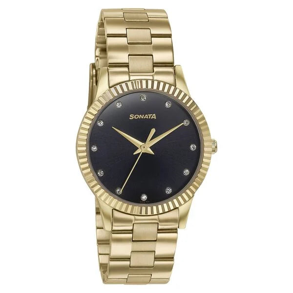 Sonata Glam Gold Quartz Analog Black Dial Stainless Steel Strap Watch For Women
