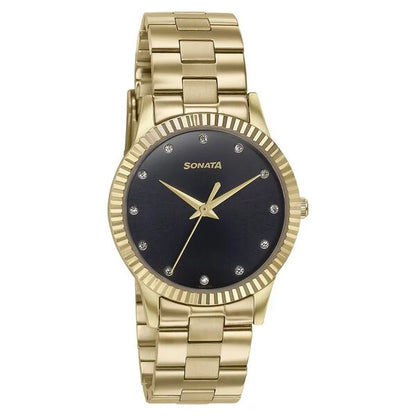 Sonata Glam Gold Quartz Analog Black Dial Stainless Steel Strap Watch For Women