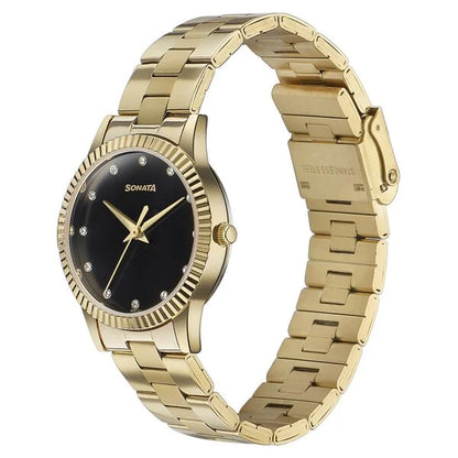 Sonata Glam Gold Quartz Analog Black Dial Stainless Steel Strap Watch For Women