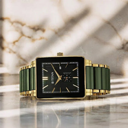 Titan Regalia Shaped Ceramic Quartz Analog with Date Green Dial Steel & Ceramic Strap Watch For Men - 90013KD05