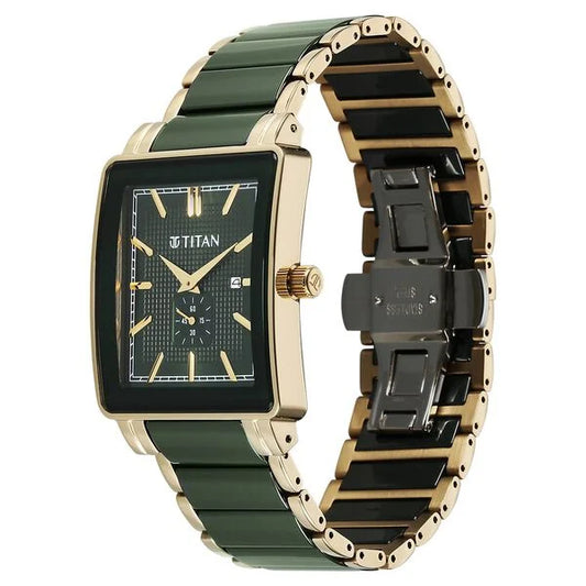 Titan Regalia Shaped Ceramic Quartz Analog with Date Green Dial Steel & Ceramic Strap Watch For Men 90013kd05