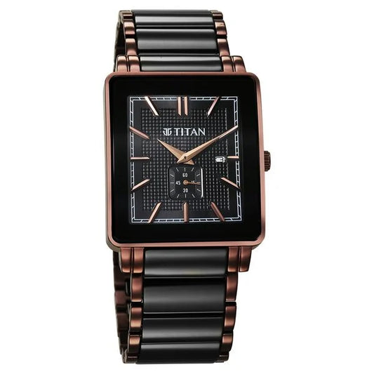 Titan Regalia Shaped Ceramic Quartz Analog with Date Black Dial Steel & Ceramic Strap Watch For Men 90013kd06