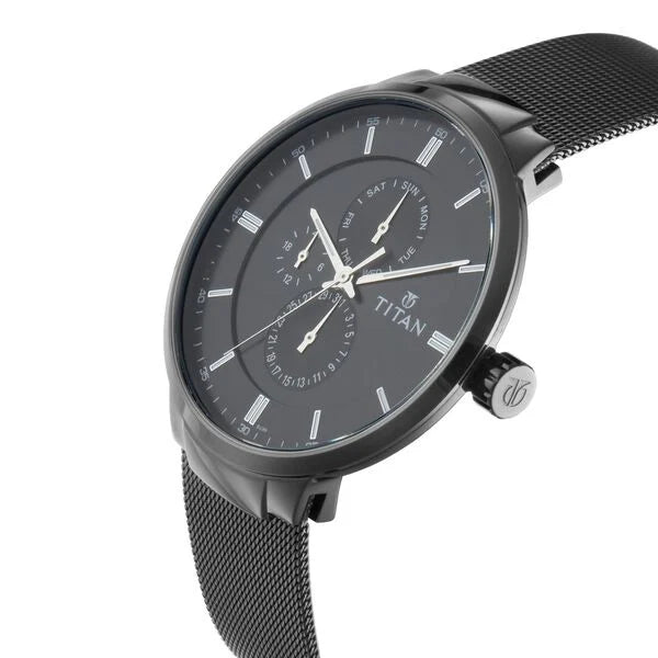 Titan Workwear Black Dial Quartz Multifunction Stainless Steel Strap watch for Men nn90093nm01