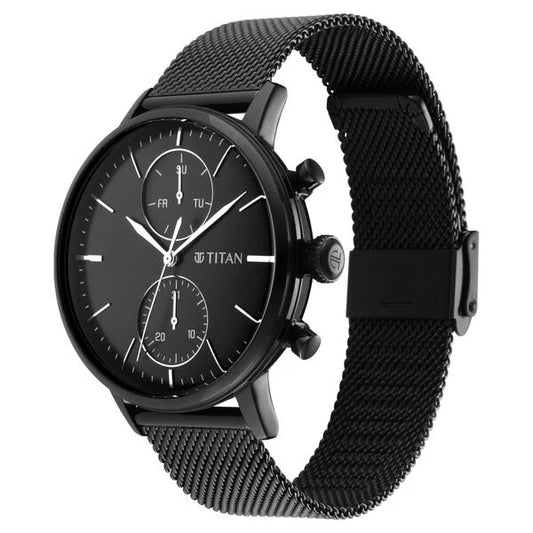 Titan Light Leathers Black Dial Quartz Multifunction Stainless Steel Strap Watch for Men nr90135nm01