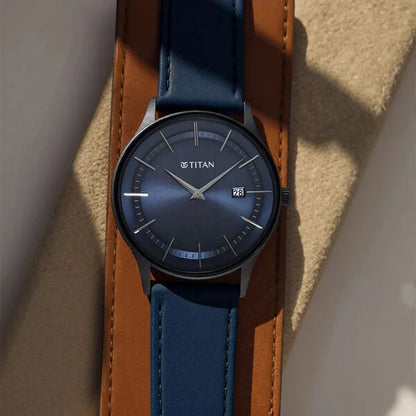 Titan Classique Slimline Blue Dial Analog with Date Leather Strap watch for Men nt90142nl01