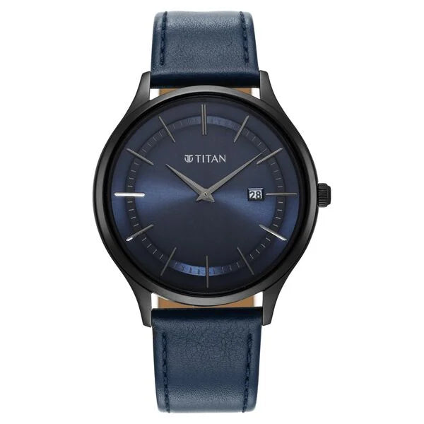Titan Classique Slimline Blue Dial Analog with Date Leather Strap watch for Men nt90142nl01