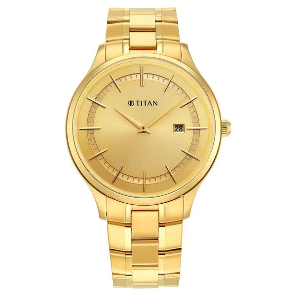 Titan Classique Slimline Champagne Dial Analog with Day and Date Stainless Steel Strap Watch for Men nt90142ym01
