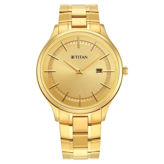 Titan Classique Slimline Champagne Dial Analog with Day and Date Stainless Steel Strap Watch for Men nt90142ym01