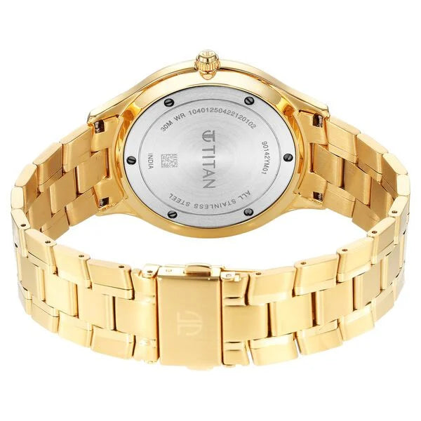 Titan Classique Slimline Champagne Dial Analog with Day and Date Stainless Steel Strap Watch for Men nt90142ym01