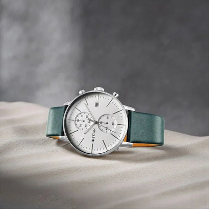 Titan Quartz Chronograph Silver Dial Leather Strap Watch for Men nu90146sl01