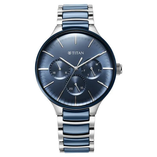 Titan Ceramic Fusion Quartz Multifunction Blue Dial Silver Dual-Toned Stainless Steel Bracelet Watch for Men nt90148kd02