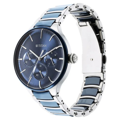 Titan Ceramic Fusion Quartz Multifunction Blue Dial Silver Dual-Toned Stainless Steel Bracelet Watch for Men nt90148kd02