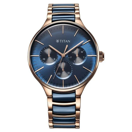 Titan Ceramic Fusion Quartz Multifunction Blue Dial With Two Toned Color Stainless Steel Strap Watch For Men nt90148kd04
