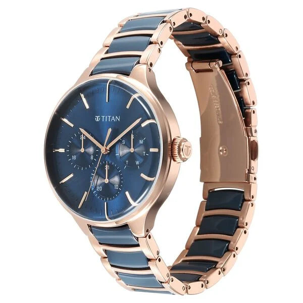 Titan Ceramic Fusion Quartz Multifunction Blue Dial With Two Toned Color Stainless Steel Strap Watch For Men nt90148kd04