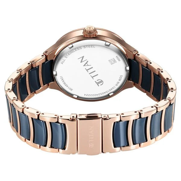 Titan Ceramic Fusion Quartz Multifunction Blue Dial With Two Toned Color Stainless Steel Strap Watch For Men nt90148kd04
