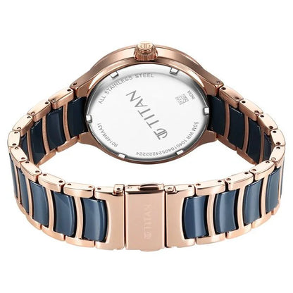 Titan Ceramic Fusion Quartz Multifunction Blue Dial With Two Toned Color Stainless Steel Strap Watch For Men nt90148kd04