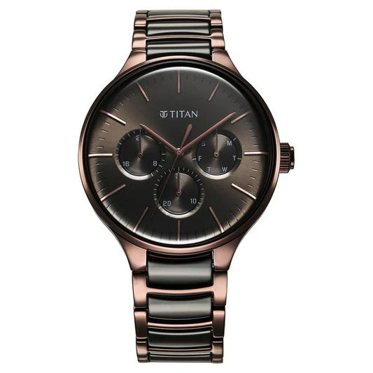 Titan Ceramic Fusion Multifunction Black Dial With Two Toned Color Stainless Steel Strap Watch For Men nt90148kd05