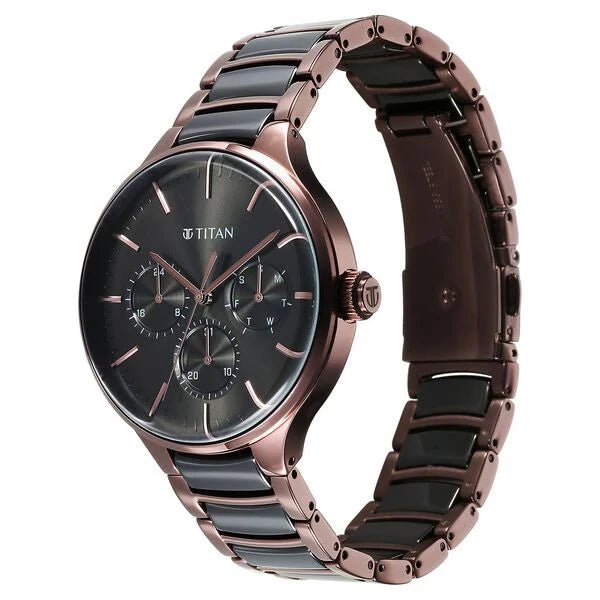 Titan Ceramic Fusion Multifunction Black Dial With Two Toned Color Stainless Steel Strap Watch For Men nt90148kd05