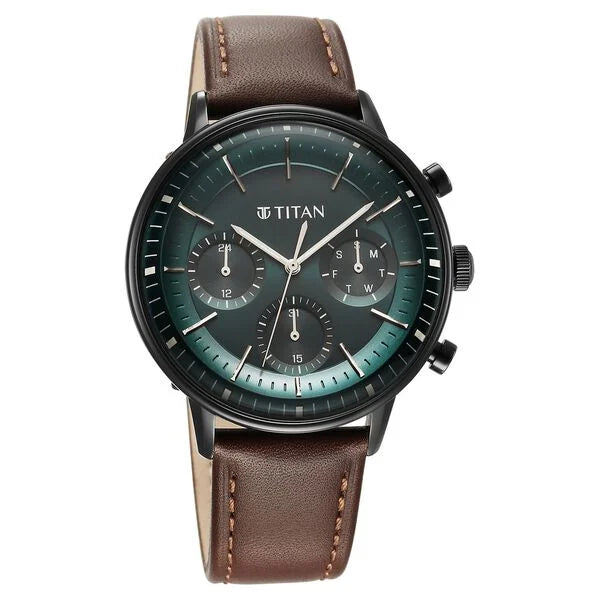 Titan Light Leathers Quartz Multifunction Black Dial Leather Strap Watch for Men nu90171nl01