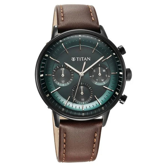 Titan Light Leathers Quartz Multifunction Black Dial Leather Strap Watch for Men nu90171nl01