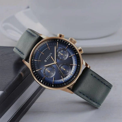 Titan Light Leathers Quartz Multifunction Blue Dial Stainless Steel Strap Watch for Men nt90171wl01
