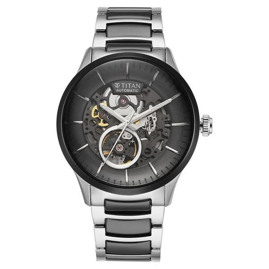 Titan Ceramic Fusion Automatic Black Dial Silver Dual-Toned Stainless Steel Bracelet Watch for Men nt90174kd01
