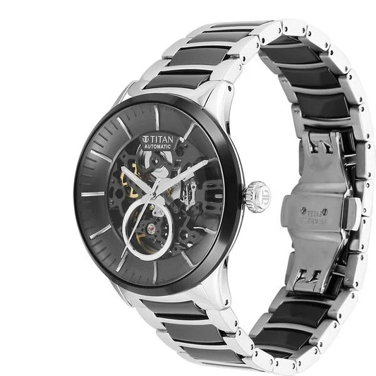 Titan Ceramic Fusion Automatic Black Dial Silver Dual-Toned Stainless Steel Bracelet Watch for Men nt90174kd01