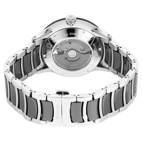 Titan Ceramic Fusion Automatic Black Dial Silver Dual-Toned Stainless Steel Bracelet Watch for Men nt90174kd01