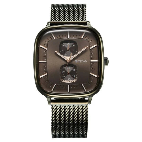 Titan Avant Garde Quartz Multifunction Brown Dial With Green Color Stainless Steel Strap Watch For Men nu90178qm02