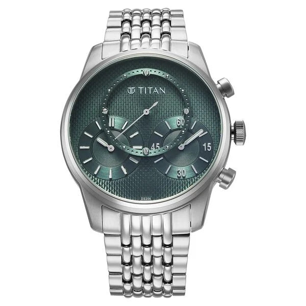 Titan Micromotors Analog with Independent Hour, Minute and 2nd Sub-Dial Green Dial Stainless Steel Strap Watch for Men 90179sm01