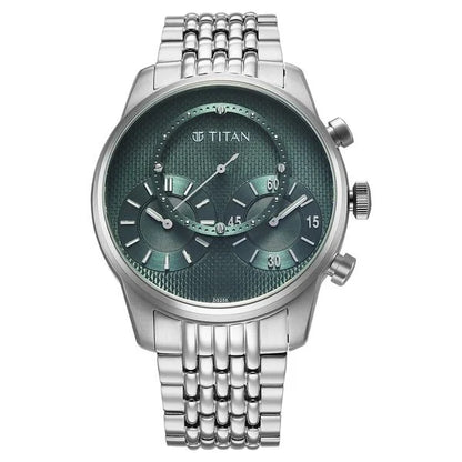Titan Micromotors Analog with Independent Hour, Minute and 2nd Sub-Dial Green Dial Stainless Steel Strap Watch for Men 90179sm01