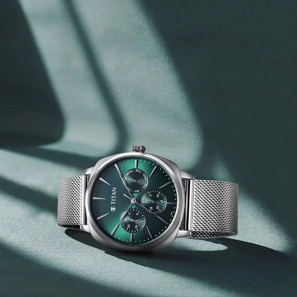 Titan Classique Suave Quartz Green Dial Silver Stainless Steel Mesh Strap Watch for Men nu90189sm01