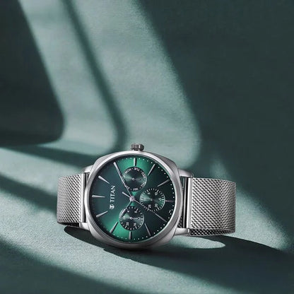 Titan Classique Suave Quartz Green Dial Silver Stainless Steel Mesh Strap Watch for Men nu90189sm01