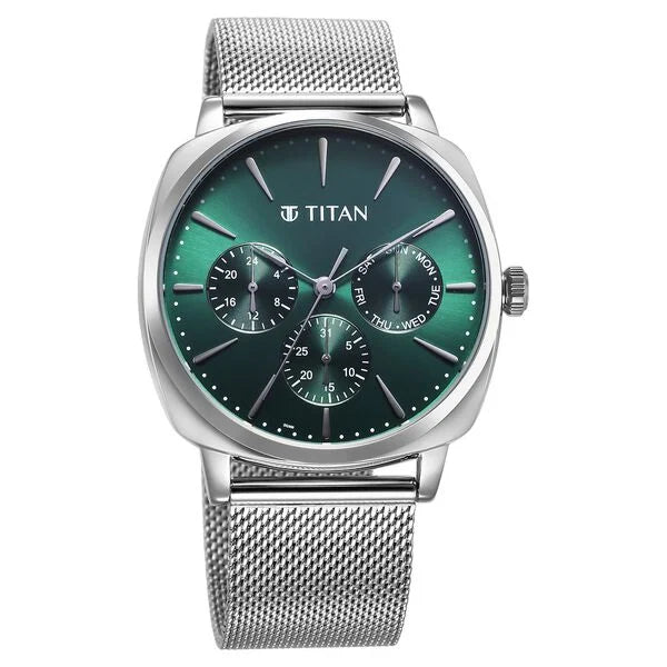Titan Classique Suave Quartz Green Dial Silver Stainless Steel Mesh Strap Watch for Men nu90189sm01