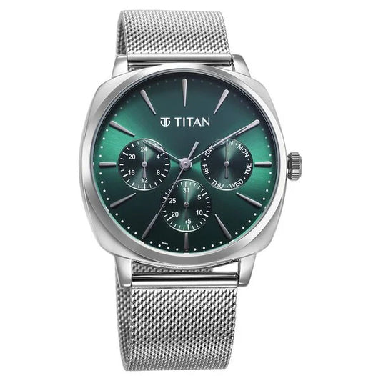 Titan Classique Suave Quartz Green Dial Silver Stainless Steel Mesh Strap Watch for Men nu90189sm01
