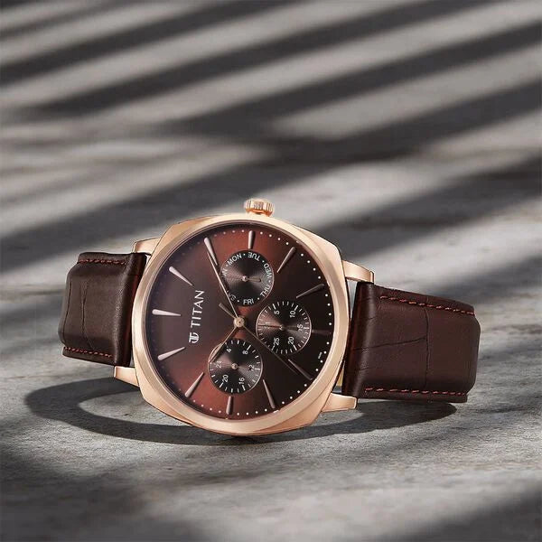 Titan Classique Suave Quartz Brown Dial Brown Leather Strap Watch for Men nu90189wl01